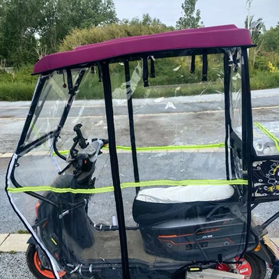 Avtomobil yan çətirləri – electric scooter rain canopy, thickened - red-composite-top-black-frame-transparent-curtain-ceiling-12070