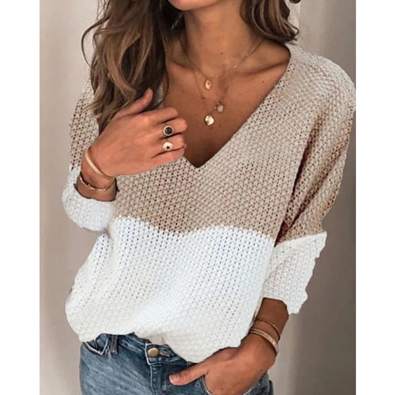 Women's V-neck Colour Contrast Sweater Plus Size Pullover Top_voghion.com