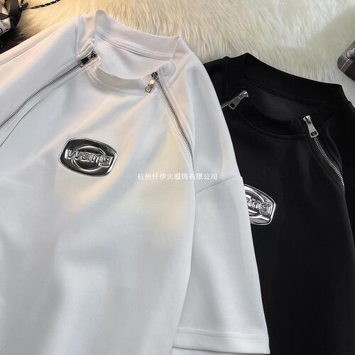 Designer unisex t-shirt with dual zipper, men's short-sleeve summer American large size street fashion brand half-sleeve T-shirt