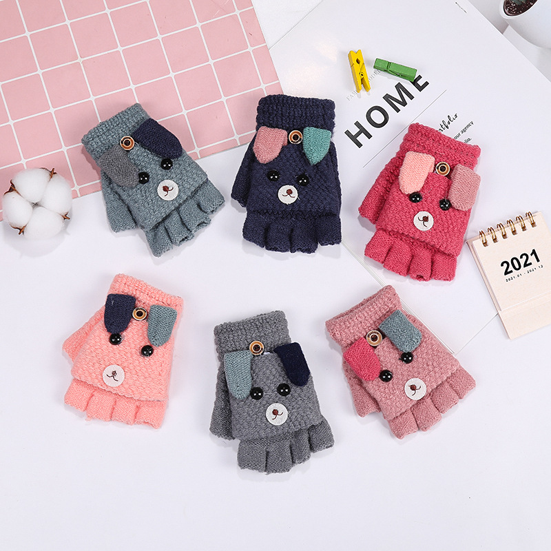冬季防风粉色条纹加厚卡通小狗现货分指手套保暖针织半指翻盖手套
