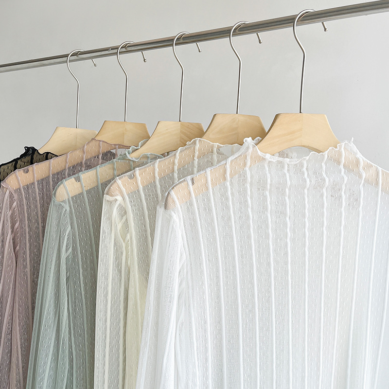Slightly Sheer, Elegant Base Layer with a Half-High Collar, Lace Blouse, Mesh Inner Layer, Long Sleeves, Fashionable and Versatile for Spring and Autumn, Stylish Sun Protection Clothing