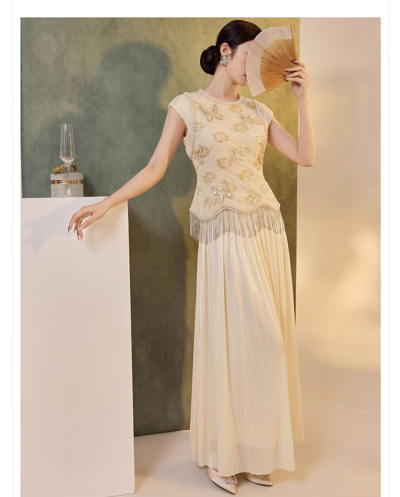Set áo vest gile và chân váy nữ phong cách Trung Quốc cổ điển thêu đính cườm — bộ đồ, nửa váy, Trang chủ chi tiết 11