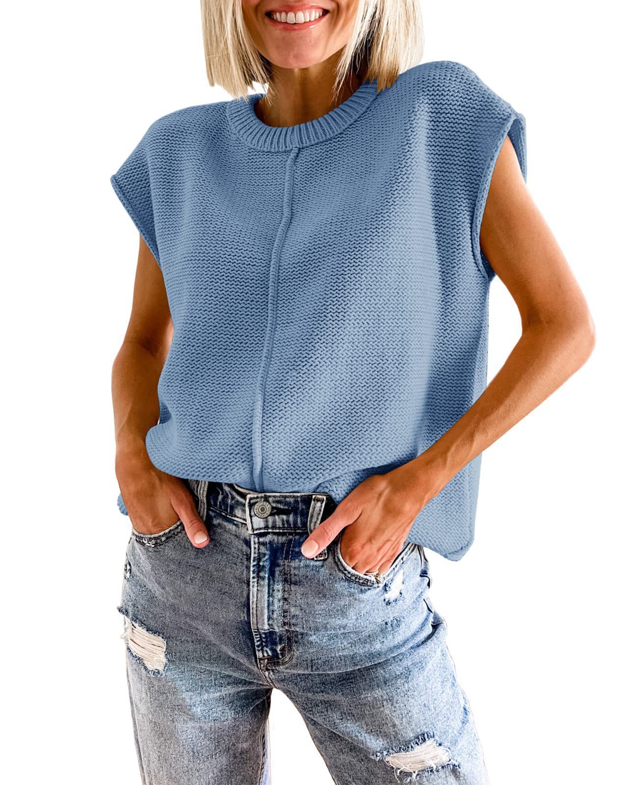 2024 Comercio exterior transfronterizo de Amazon para mujer sin mangas top moda casual cuello redondo suéter de punto suelto mujer