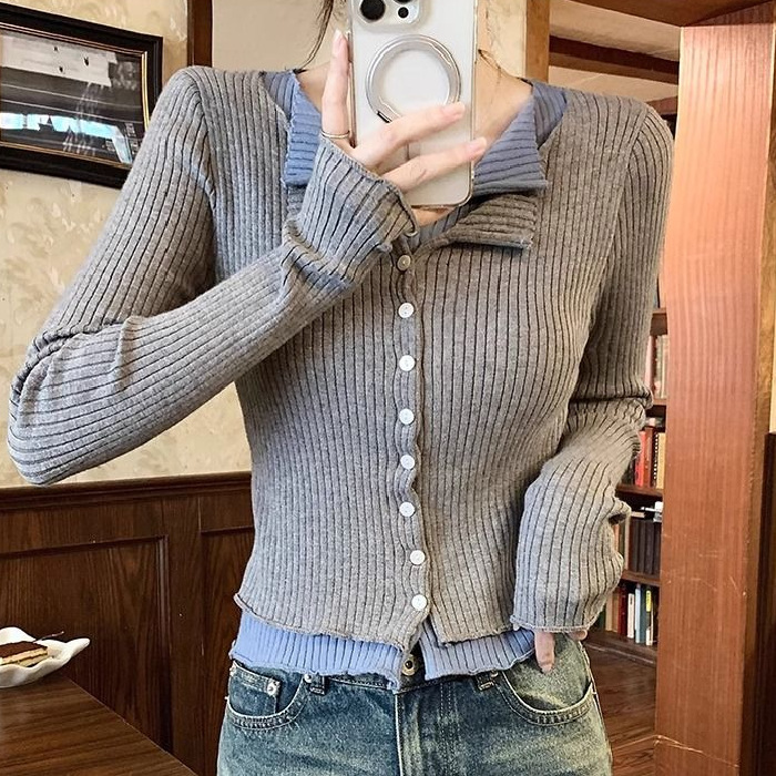 Fake Two-Piece Knitted Cardigan for Women, Korean Style Autumn and Winter New Contrasting Color V Neck Long-Sleeved Inner High-End Sweater Top