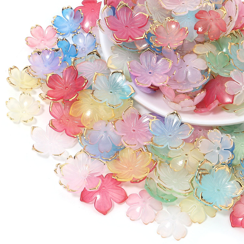 Gold-Edged Five-Petal Flower Holder DIY Handmade Beaded Hairpin Accessory Acrylic Jelly Gradient Cherry Blossom Petals