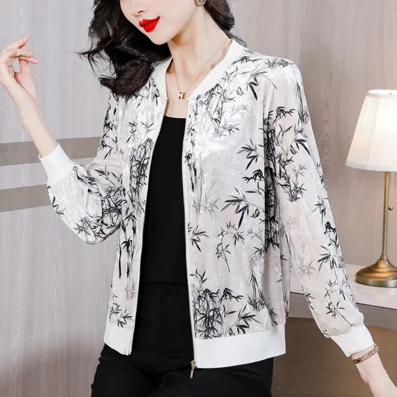 Chiffon Sunscreen Clothing New Chinese Style National Style Ink Bamboo Printed Short Coat Summer New Women's Long Sleeve plus size Jacket Chiffon Sunscreen Clothing New Chinese Style National Style Ink Bamboo Printed Short Coat Summer New Women's Long Sleeve plus size Jacket