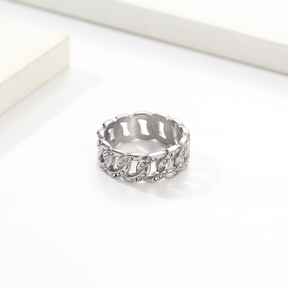 Cuban Chain Diamond Ring In Titanium Steel Hip Hop Style_voghion.com
