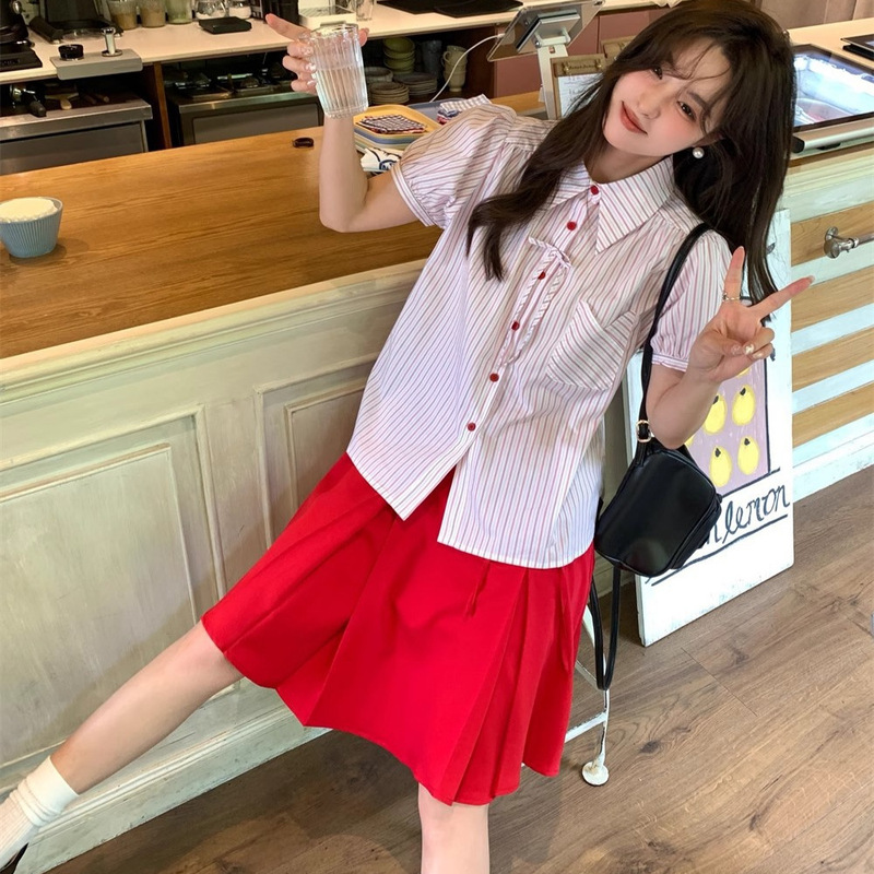 红色条纹短袖衬衫女夏季蝴蝶结宽松半袖泡泡袖衬衣半身裙两件套装|undefined