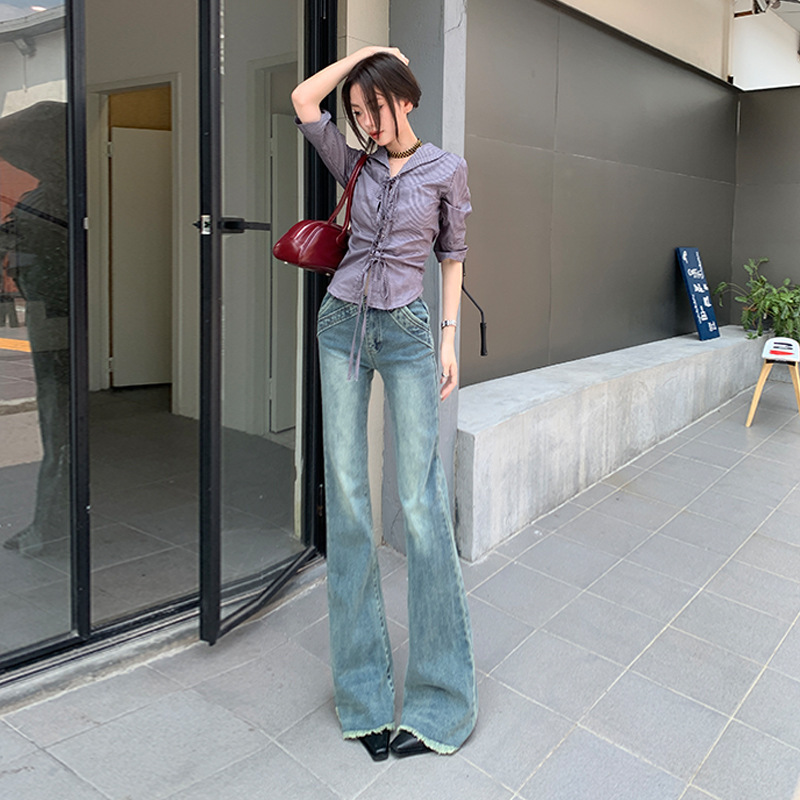 American Style Retro Low-Waist Micro-Lar Jeans Women's Autumn Three-Dimensional Cut-out V-Shaped Stretch Slim-Fit Edition Rag-Edges Pants