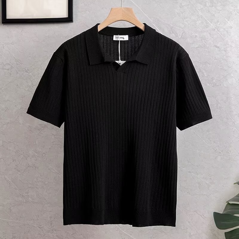 Polo de punto a rayas para hombre, cuello tipo tijera, corte ajustado, estilo casual de negocios, ligero, suéter de manga corta transfronterizo.