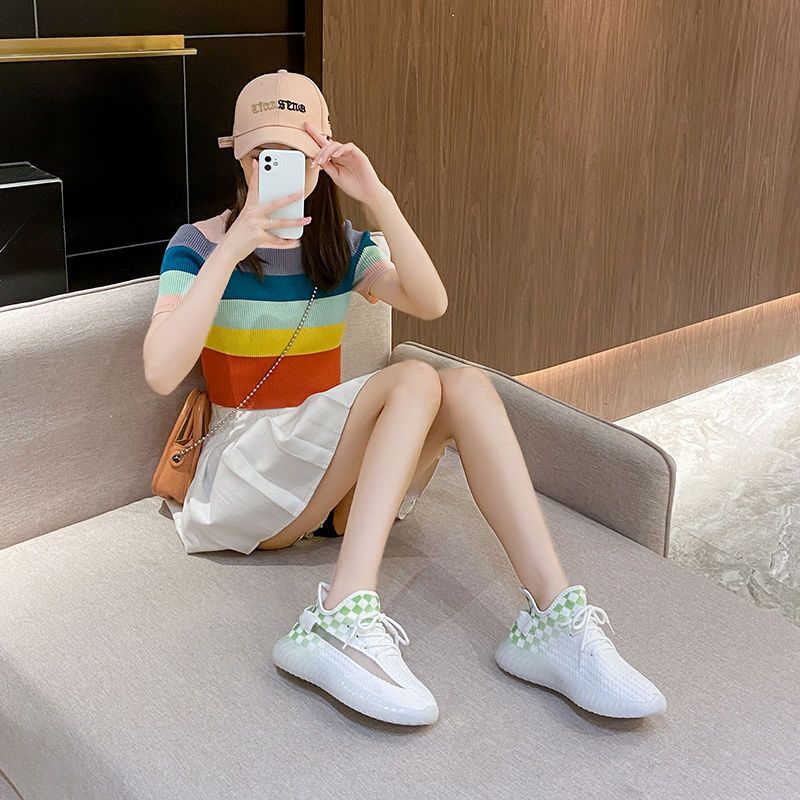 Coconut Shoes for Women 2023 Summer New Breathable Women's Shoes Checkerboard 3D Printed Fly Woven Shoes Soft Sole Sports Shoes Thick Sole