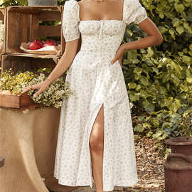 亚马逊跨境爆款欧美性感女装方领泡泡袖法式碎花连衣裙鱼骨大裙摆
