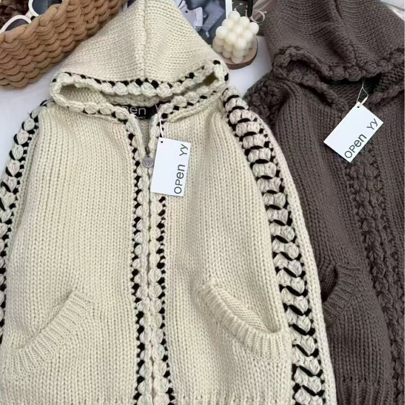 Korean Thick Coarse Wool Hooded Color-Block Sweater Autumn Winter New Lazy Style Soft Warm Knitwear Korean Thick Coarse Wool Hooded Color-Block Sweater Autumn Winter New Lazy Style Soft Warm Knitwear