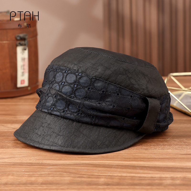 Butasang Silk Fragrant Cloud Yarn Retro Duckbill Cap for Women, Versatile Casual High-End Lace-Decorated Hat Pt0823