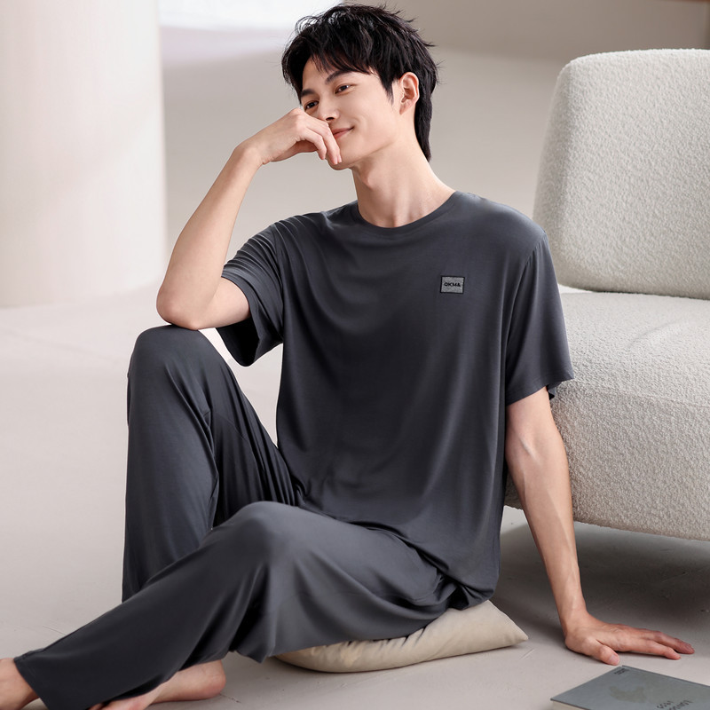 モーダルパジャマ男性夏の薄い氷糸半袖ズボン2点セットの大きいサイズの丸首カバーの家庭服