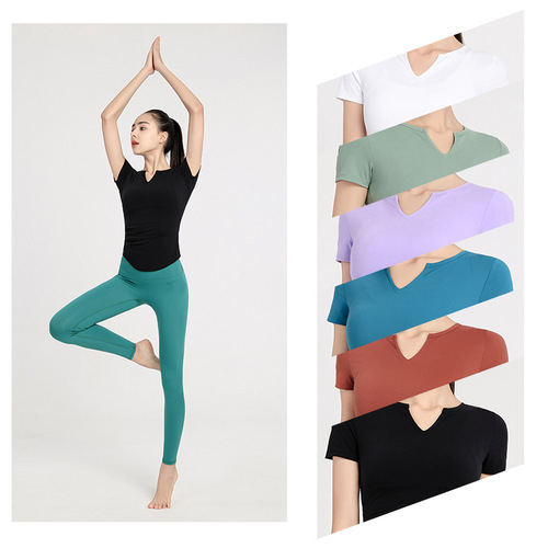 2024 European and American new style tight sports tops for women short-sleeved sexy slim tight fitness wear quick-drying yoga T-shirt