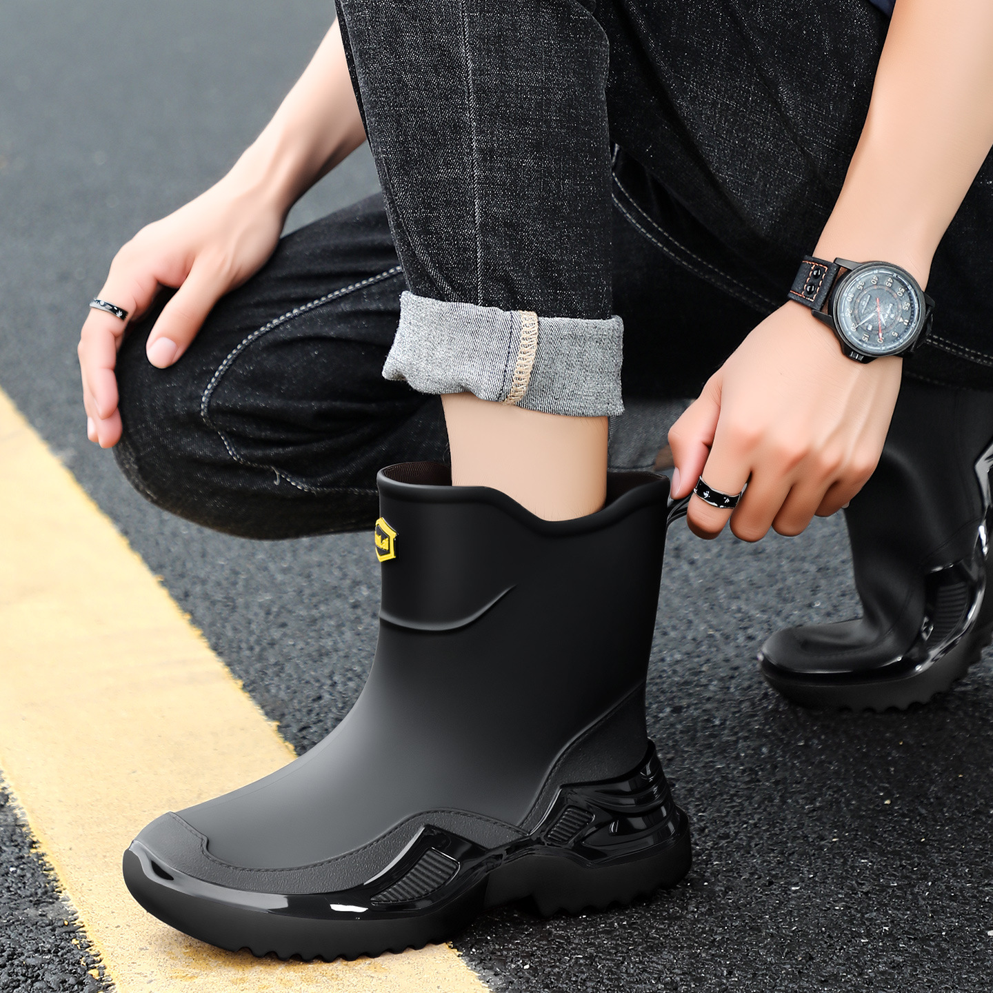 日韩黑红潮流短筒防滑户外防水鞋男 运动环保加厚耐磨新款雨鞋男