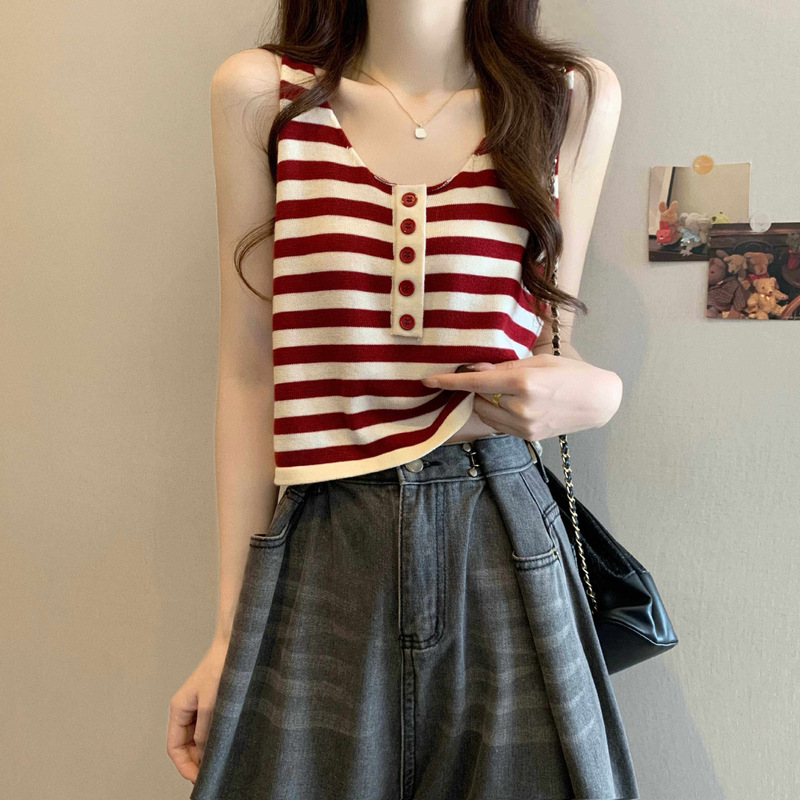 Dopamine Thin Striped Camisole for Women, New Summer Style, Spicy V-Neck Slim-Fit Short Sleeveless Knit Top