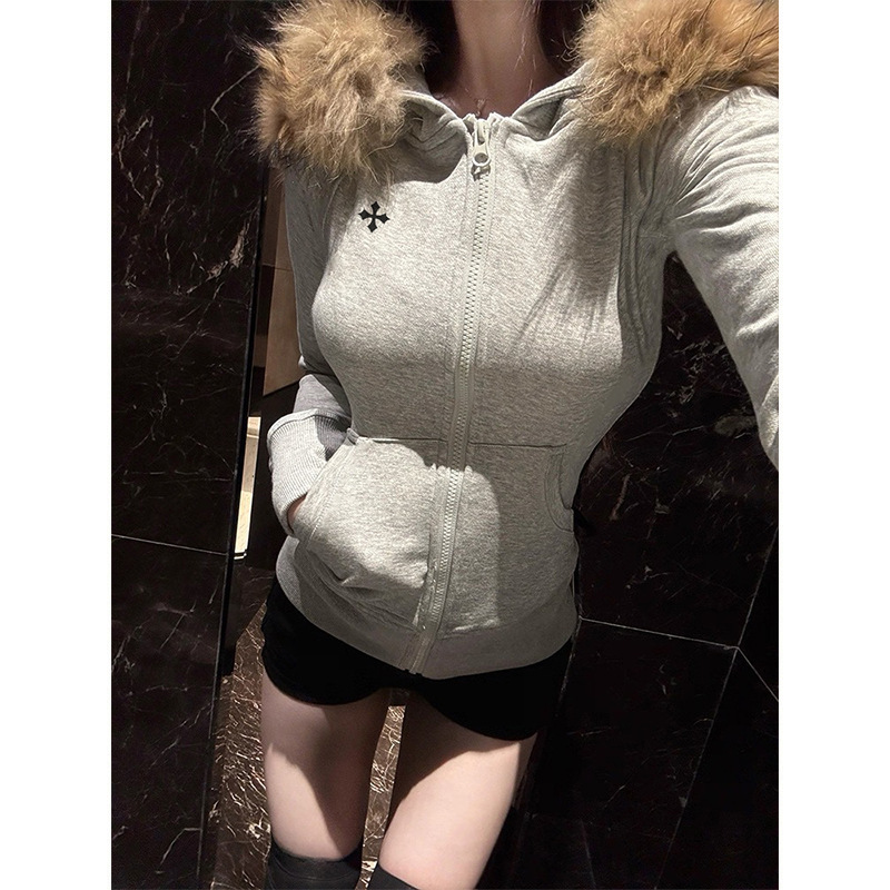 魔西女王深灰色连帽修身卫衣毛领外套秋冬美式高端拉链连帽衫女装|undefined