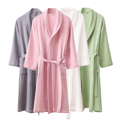 Pure cotton Four Seasons Class A three-layer gauze bathrobe, home wear, nightgown, pajamas, water-absorbent, soft and skin-friendly B&B wine