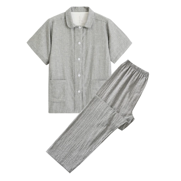 (Women) Double-layer gauze short-sleeved trousers grey polka dots