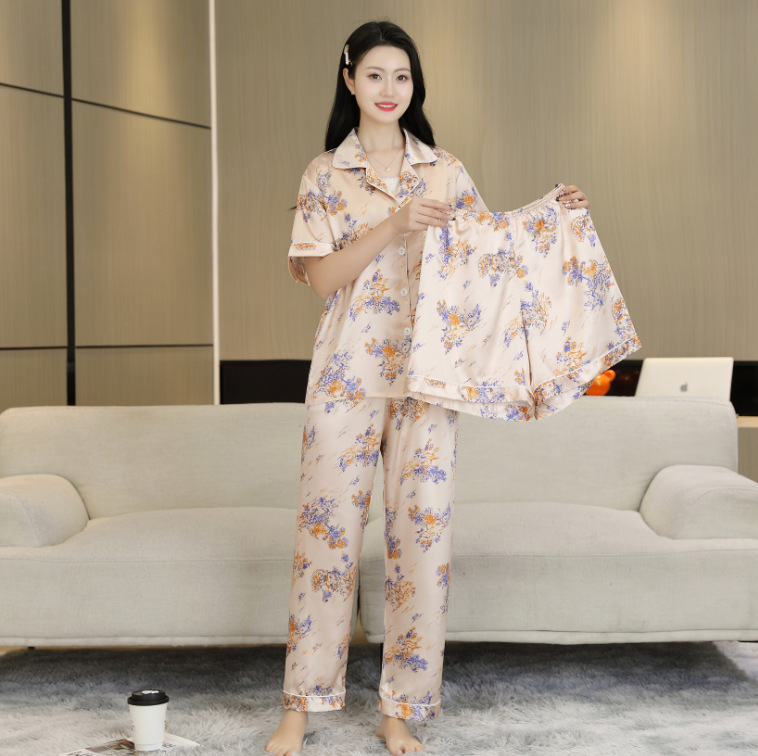 2025 nuevo estilo pijama mujer verano hielo seda fina solapa pantalones de manga corta traje de tres piezas se puede usar en el exterior