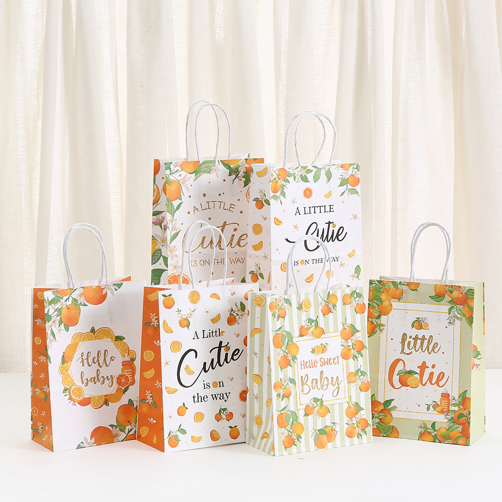 创意橘子印花礼品袋派对礼物包装袋牛皮纸手提袋商场购物包装袋