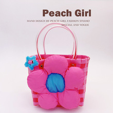 Peach Girl漂亮女孩花朵粉白棋盤格子編織菜籃子手提包HD1497A04