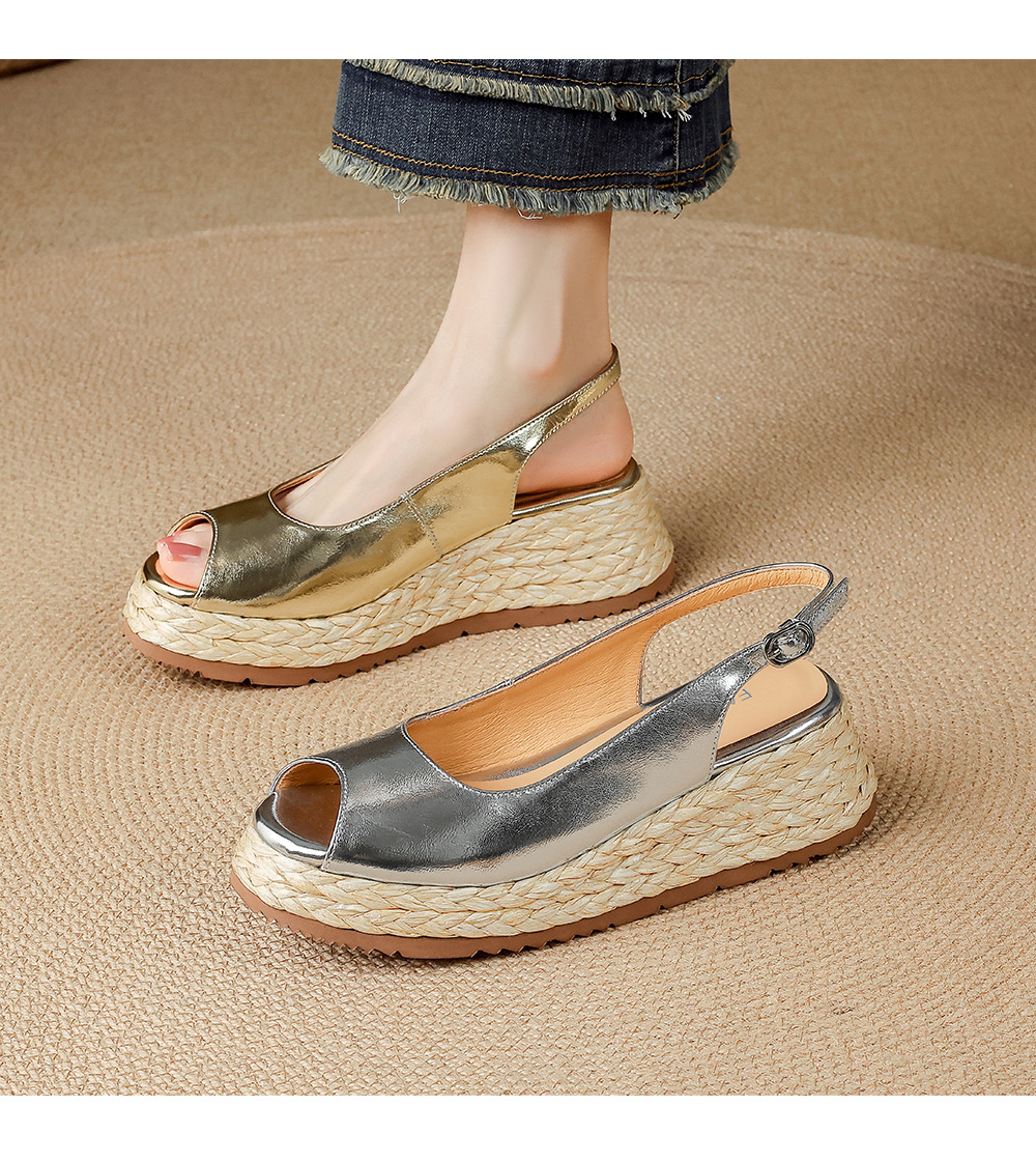 Sandal cao gót nữ mũi hở đế xuồng đan rơm — màu vàng, bạc chi tiết 12