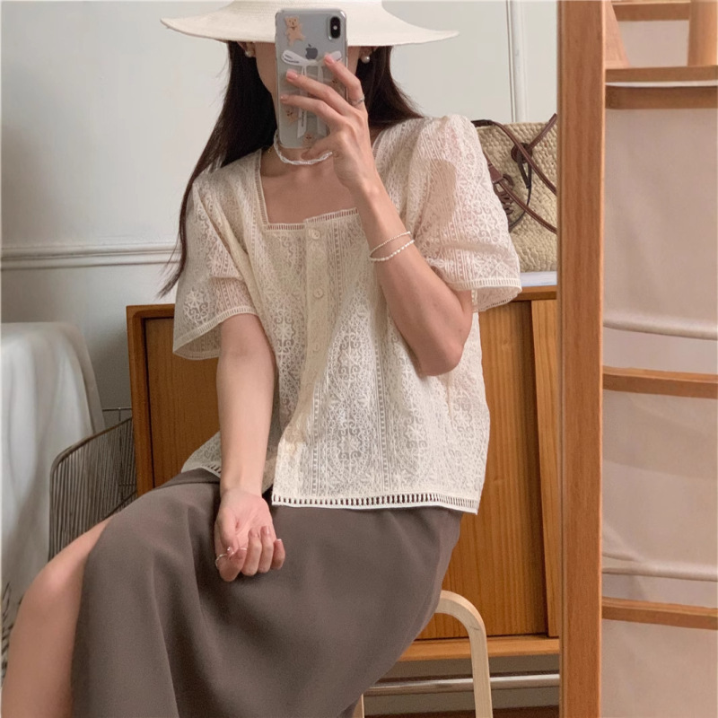 Korean chic Summer Single Breasted Square Collar Exquisite Lace Embroidered Crochet Bubble Short Sleeve Shirt Western Style Top