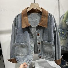 复古牛仔外套女港风撞色夹克2025春季新款翻领双口袋休闲短款上衣