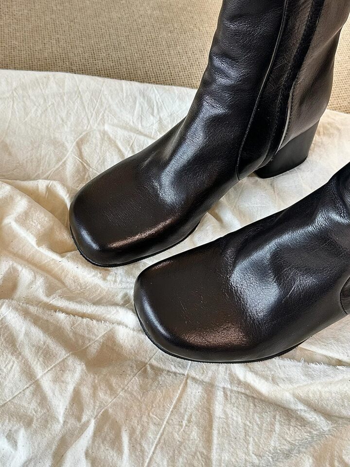 Bốt cổ ngắn da bò mũi vuông khóa kéo bên hông gót thô 3–5 cm — Lớp lót đơn màu đen, Đen lót lông chi tiết 7