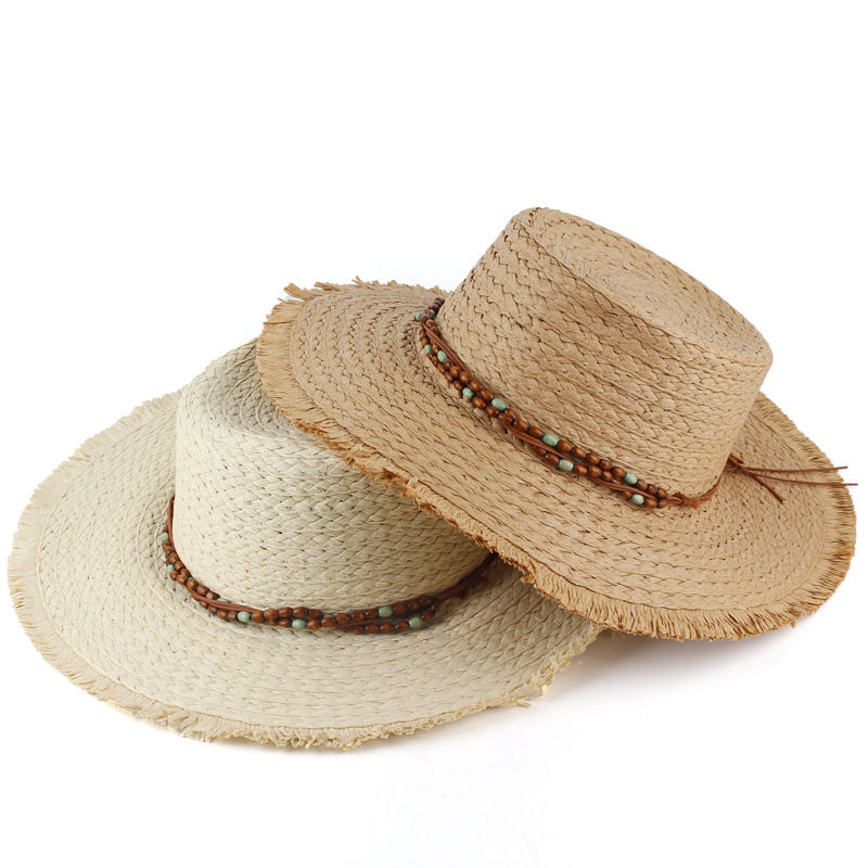 Nuevas mujeres estilo coreano estilo vacaciones playa viaje sombrero borla borde plano superior sombrero de paja ocio al aire libre sombrero para el sol