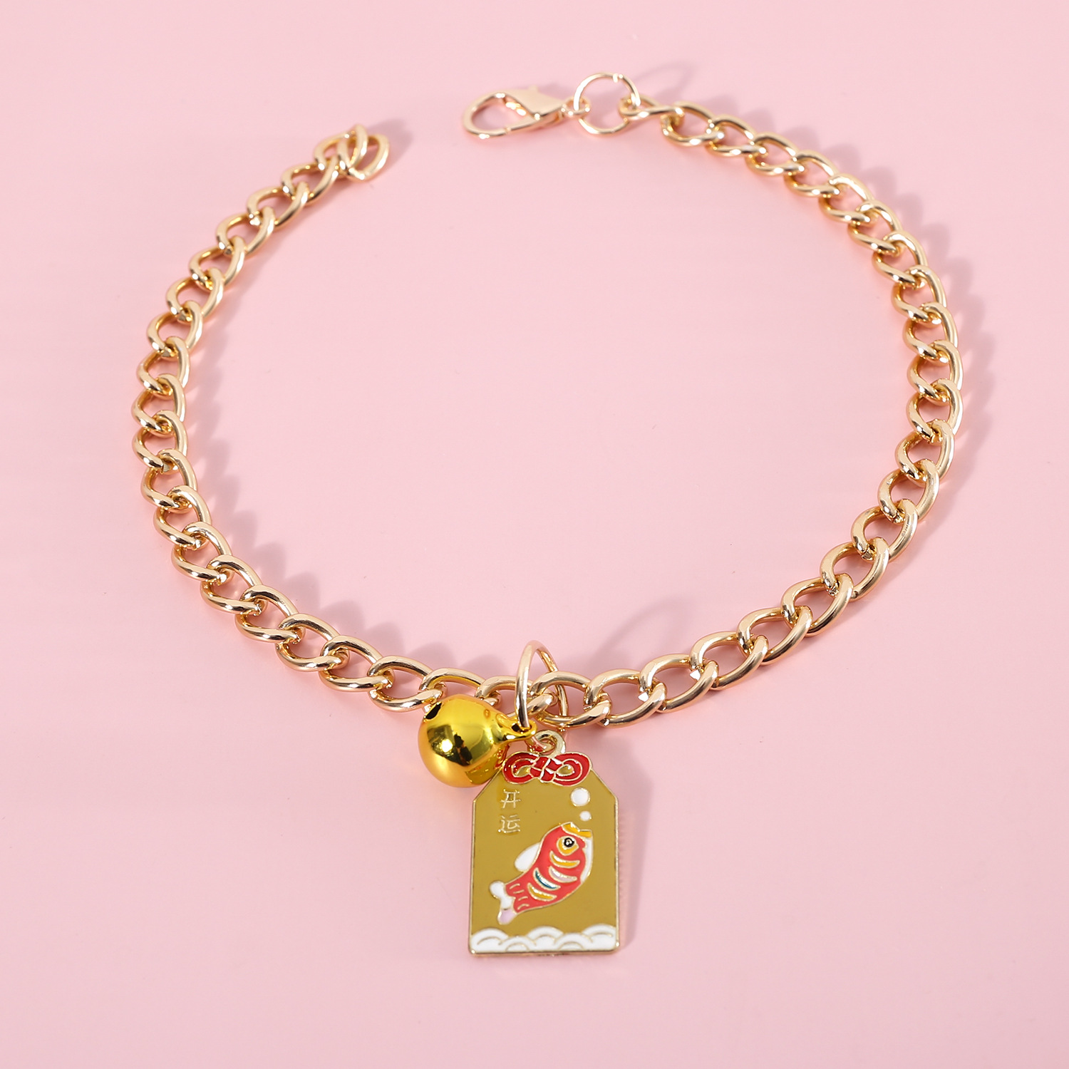 Pet Metal Fu colgante collar de cadena de oro gatos perros Ping An Zhao Kaifeng Cai goteo collar de campana de aceite