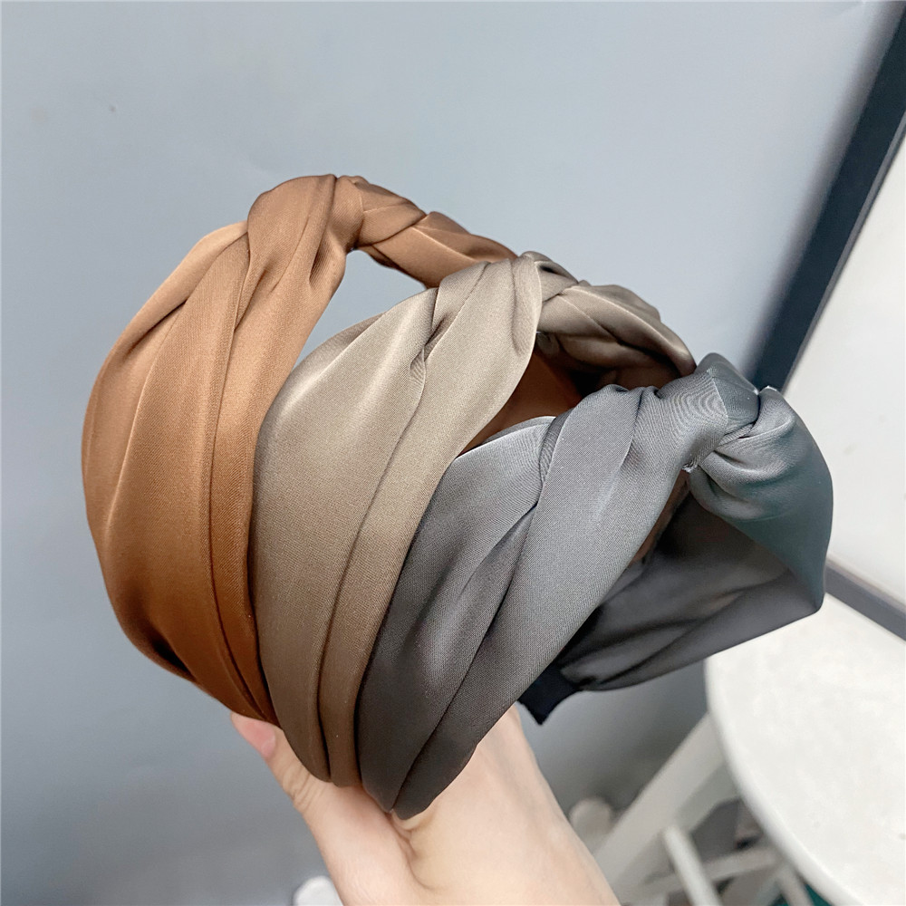 B059-1 Simple Solid Color Knot In The Middle Headband Sweet Temperament Wide-edged Headdress Satin Cross Cloth Headband Female display picture 6