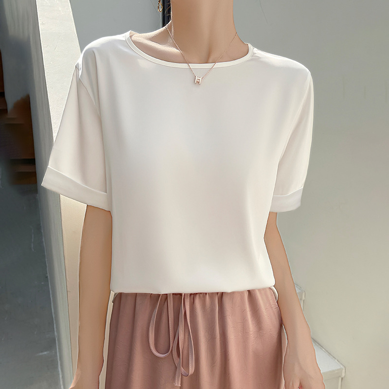 Round Neck Short-Sleeve Women's Summer Loose Satin Slimming Versatile Casual T-Shirt Faux Silk Satin Base Shirt Top Round Neck Short-Sleeve Women's Summer Loose Satin Slimming Versatile Casual T-Shirt Faux Silk Satin Base Shirt Top