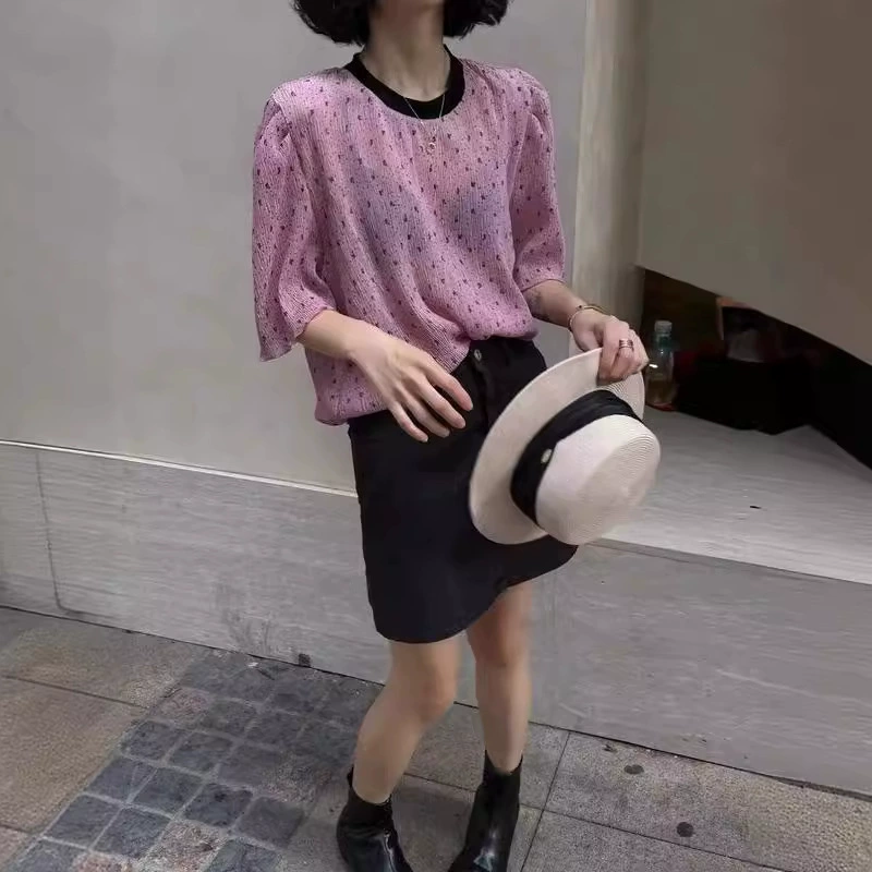 Корейская чич летняя рубашка с круглым вырезом с принтом с короткими рукавами