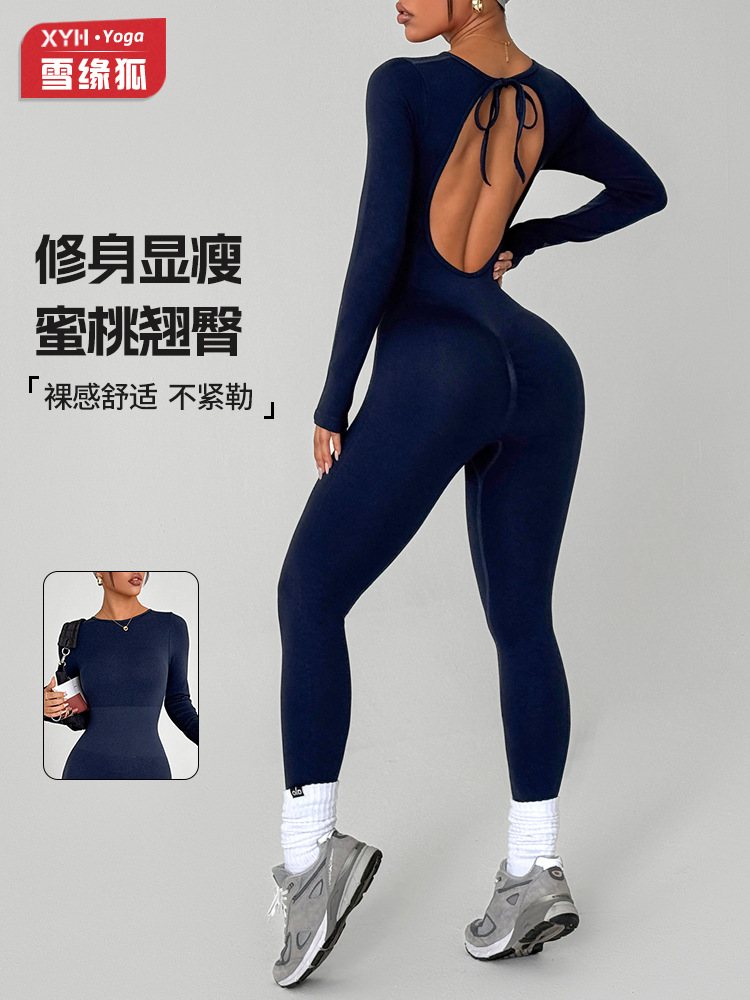 Europa y Estados Unidos correa hermosa espalda manga larga ropa de yoga de mujer al aire libre delgada abdomen correr deportes elevar las caderas pantalones largos