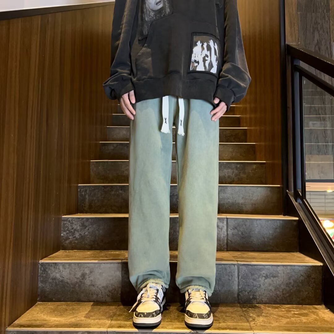 Lamb wool fleece-lined jeans men's winter loose thickened casual youth washed drawstring straight pants fashion