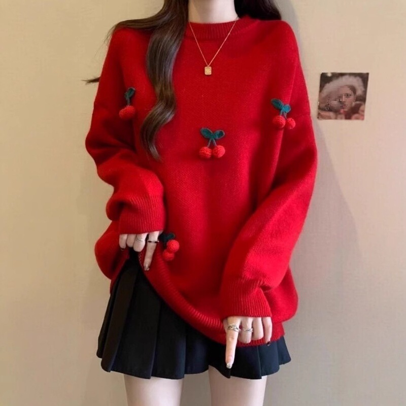 Red Cherry Sweater for Women in Their Zodiac Year, Christmas 2024, Super Stylish Long-Sleeve Knit Top for Autumn and Winter Red Cherry Sweater for Women in Their Zodiac Year, Christmas 2024, Super Stylish Long-Sleeve Knit Top for Autumn and Winter
