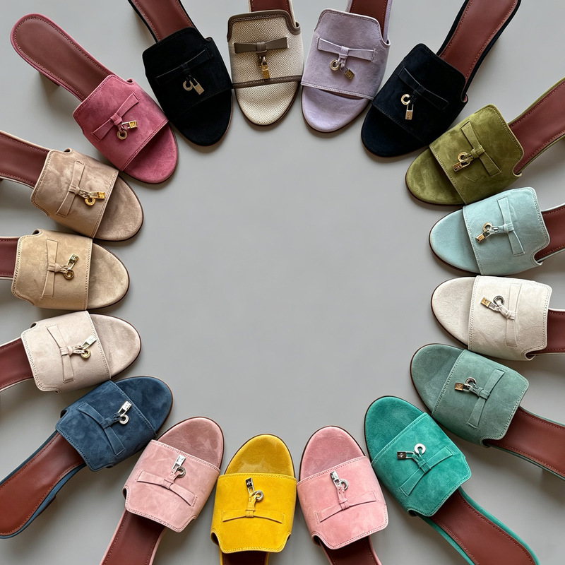 Top-Level European and American Style 26 New Models Lp Old Money Style Metal Pendant High-Heeled Sandals Cashmere Color-Blocking Chunky Heel Mule Slippers Top-Level European and American Style 26 New Models Lp Old Money Style Metal Pendant High-Heeled Sandals Cashmere Color-Blocking Chunky Heel Mule Slippers