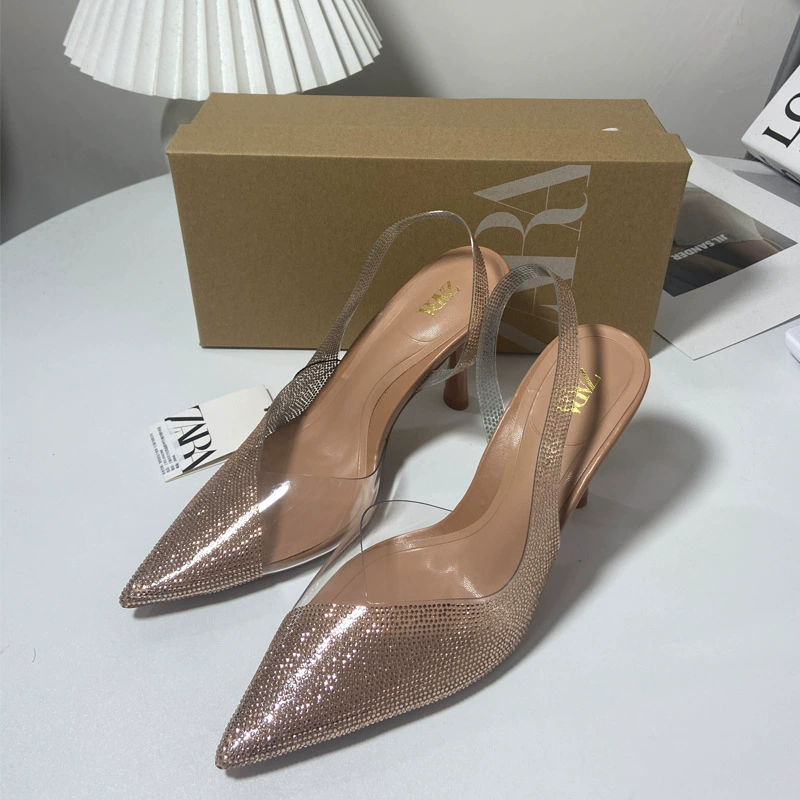 ZA новая 2024 летняя заострённая стрижка с rhinestones high heels feminine shallow mouth, изящная подошва, завязка пояса, sand shoes feminine tide