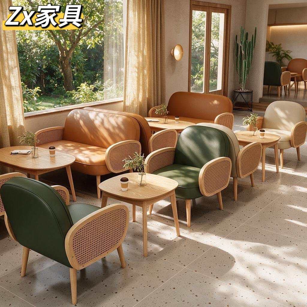 Southeast Asian style cafe and milk tea shop table and chair set, lounge area for reception and discussions, dessert shop leisure solid wood sofa