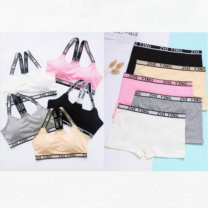 Girls' Development Period Beautiful Back Bra Set Without Rims Removable Breast Pad Letter Suspender Intimates Cotton Mid-Waist Intimates