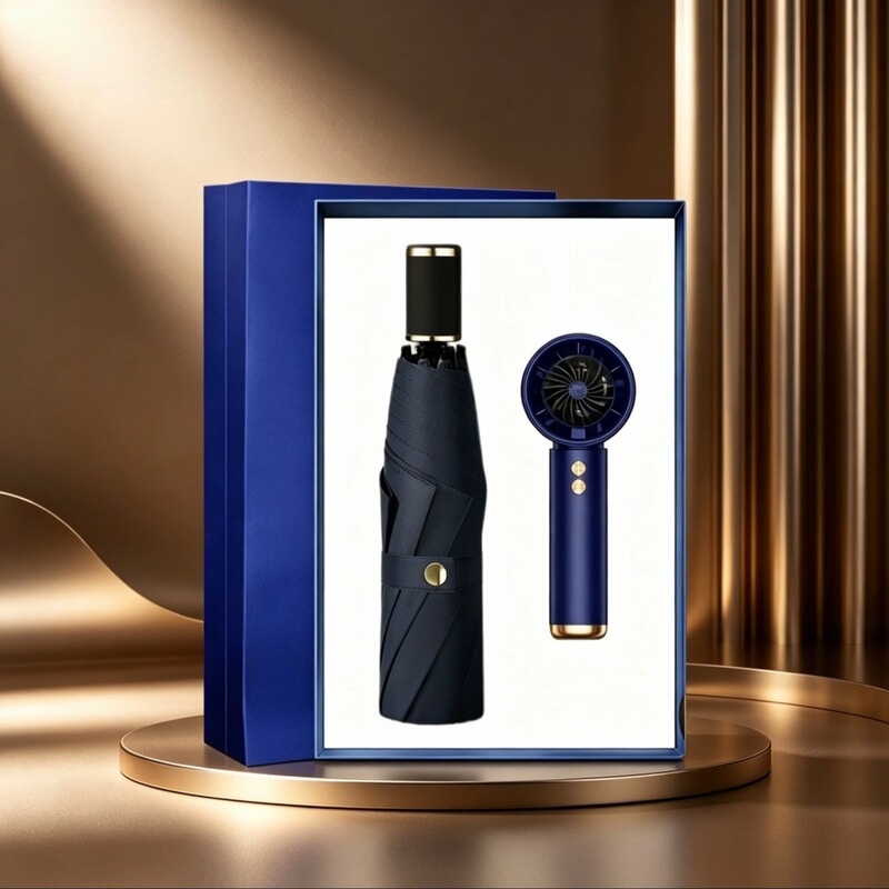 Summer Cool Business Gift Set: Small Fan with Sun and Rain Protection Two-In-One, a Souvenir Gift for Clients and Employees
