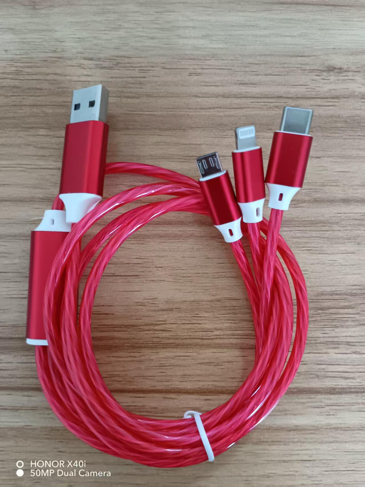 Fábrica al por mayor 40W modelo luminoso adecuado para Apple Android typec teléfono móvil carga rápida tres-en-un cable de datos streamer