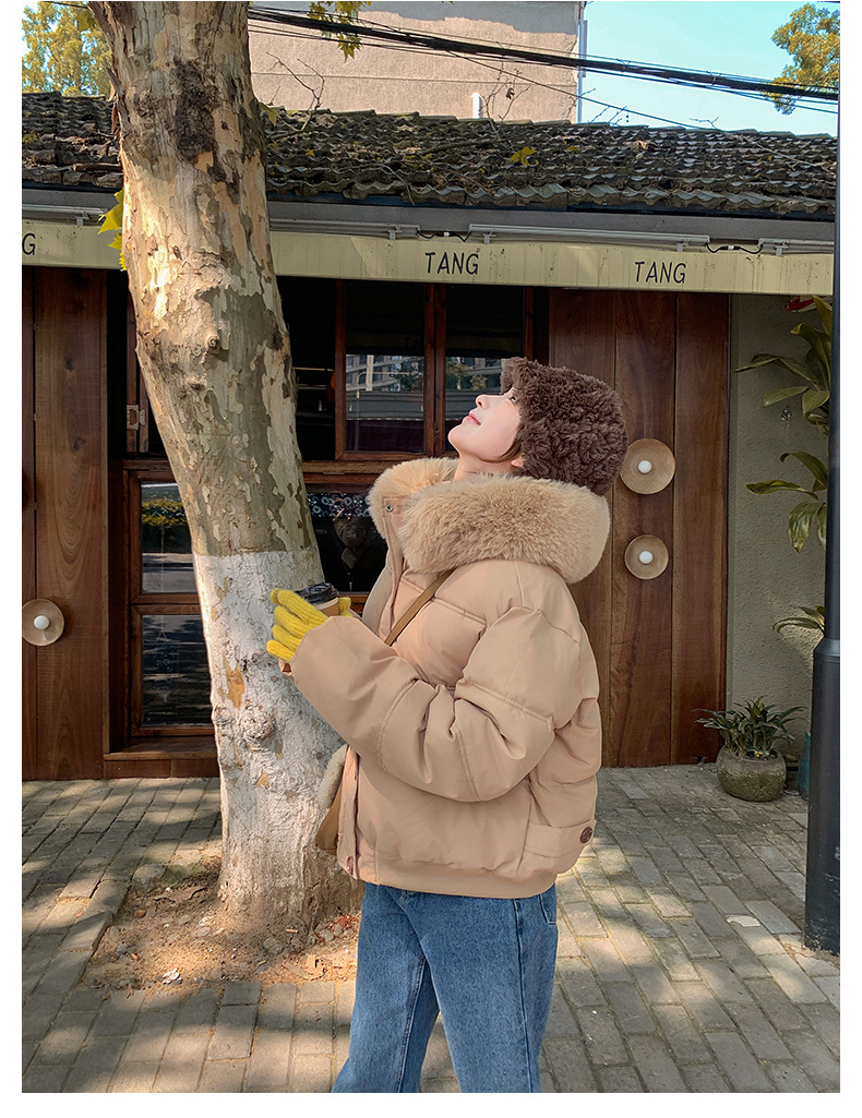 Big fur collar 2024 winter new Korean version loose short clothing cotton women's hooded thickened Down jacket_voghion.com
