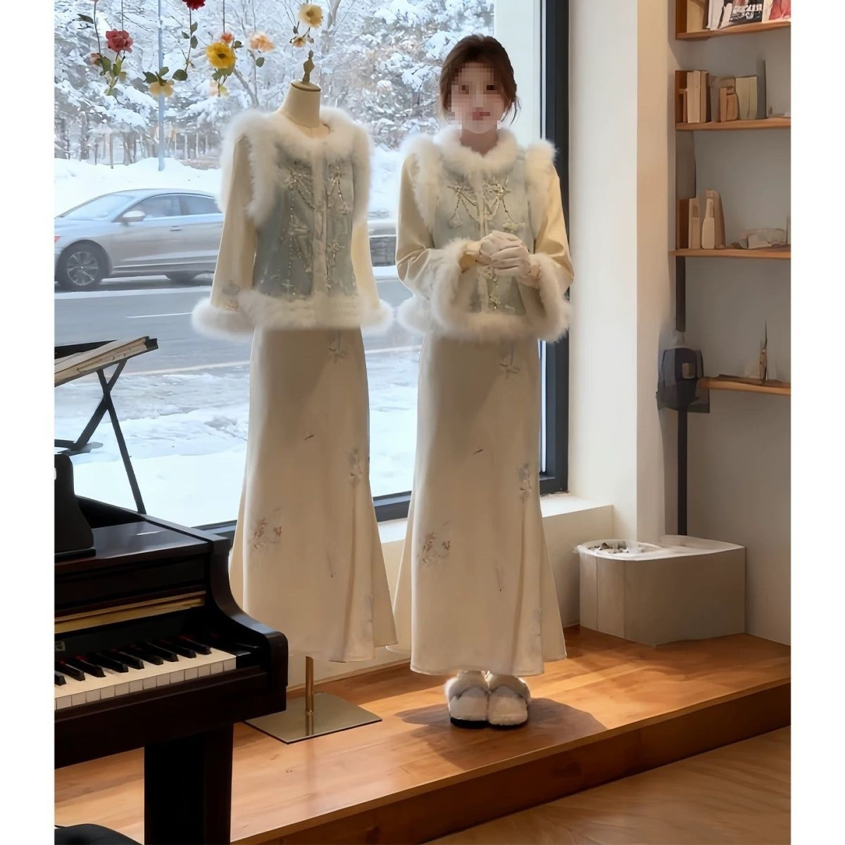 Fleece-Lined and Thickened New Chinese Style National Suit Improved Cheongsam Dress with Fur Vest Two-Piece Set for Women 2025 Winter