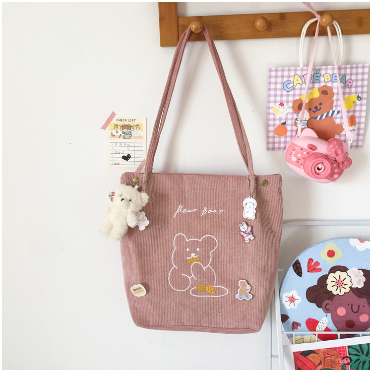 Women's Large Corduroy Bear Cute Magnetic Buckle Tote Bag display picture 9
