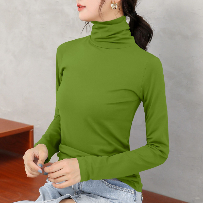 Green High-Neck Long-Sleeve T-Shirt for Women, Trendy New Ins Style, Slim Fit, Stacked Collar, Base Layer Top, Versatile for Autumn and Winter